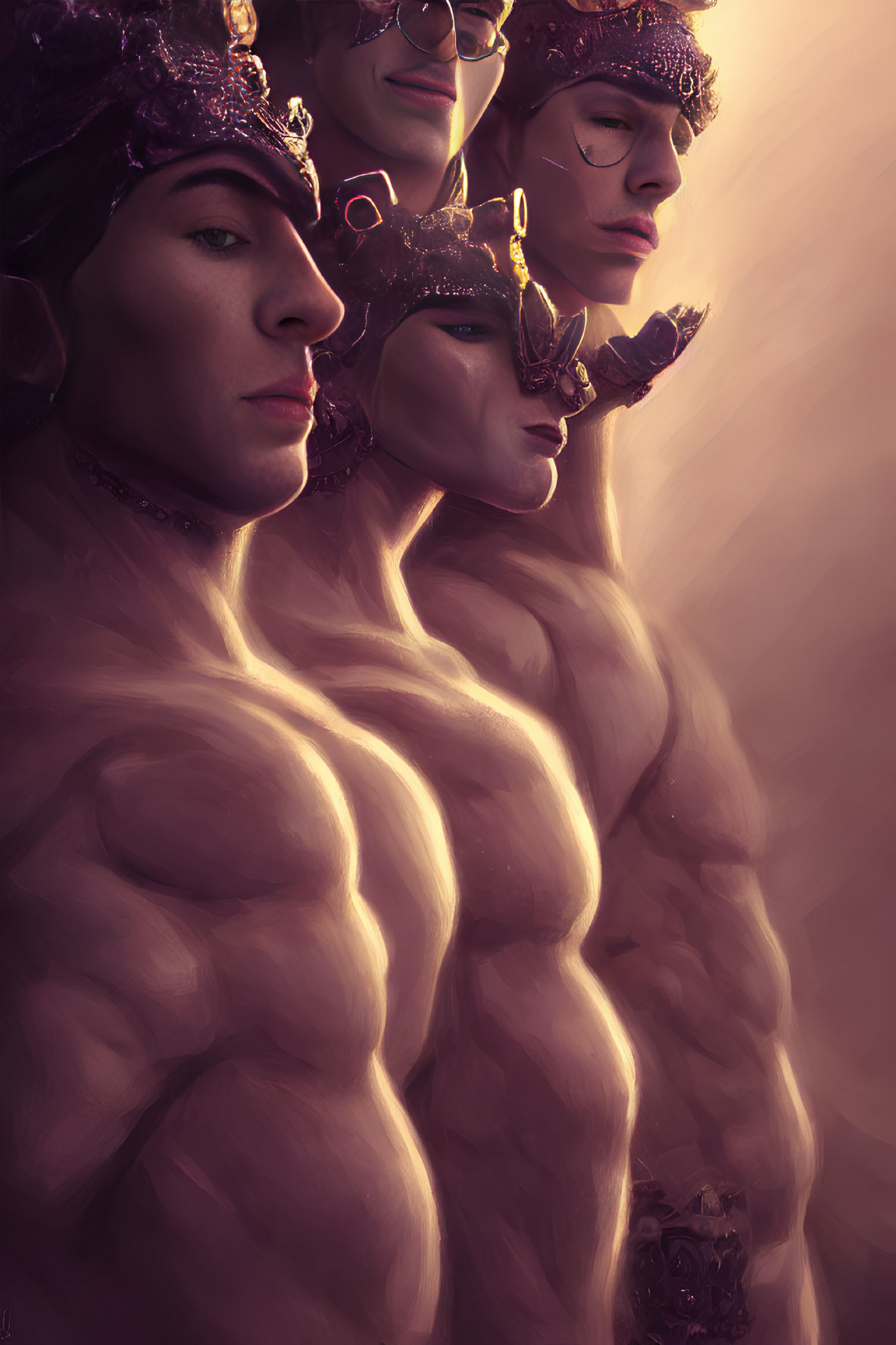 Digital painting of male figures in ornate purple headpieces, with contemplative expressions