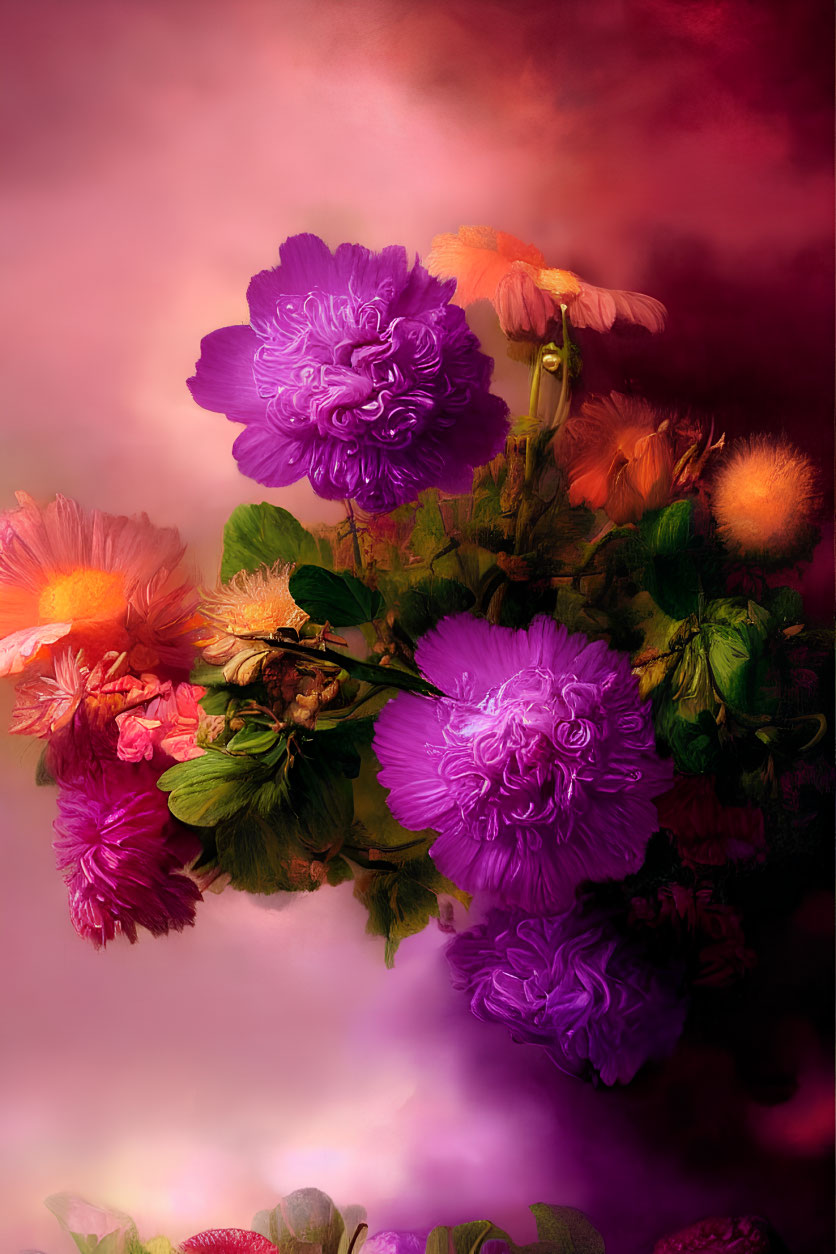Colorful Purple and Orange Flower Bouquet on Red Background