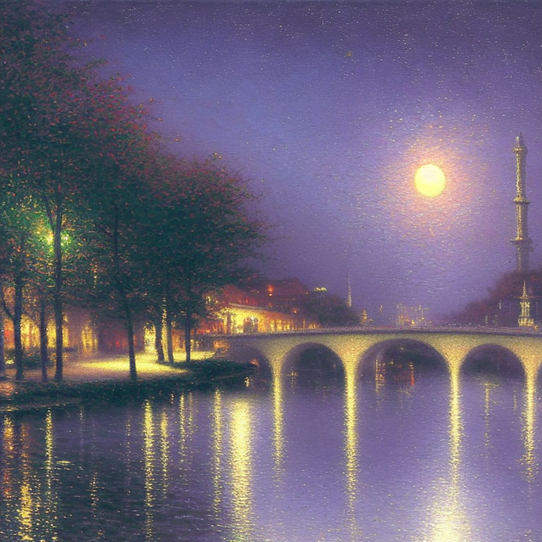 Moonlit River Scene with Trees, Street Lamps, Bridge, and Glowing Buildings