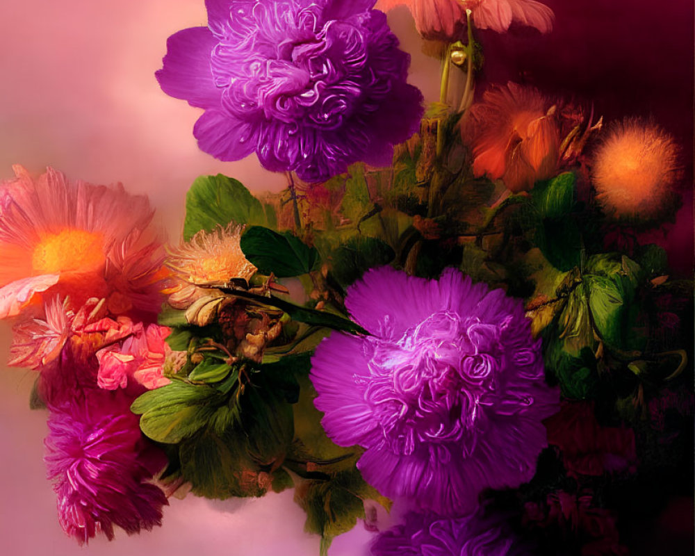 Colorful Purple and Orange Flower Bouquet on Red Background