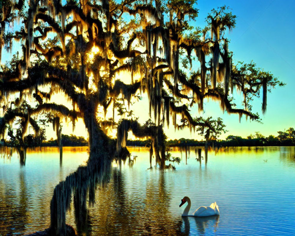 Tranquil lake scene with swan, moss-covered tree, and blue sky