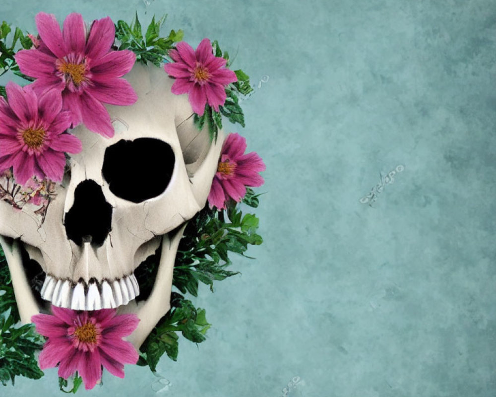 Skull with pink flowers and green leaves on teal background