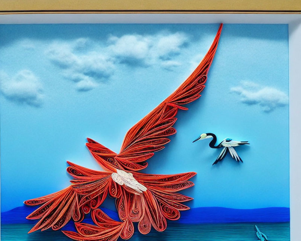 Framed Quilled Paper Art: Red Phoenix and White Bird in Blue Sky