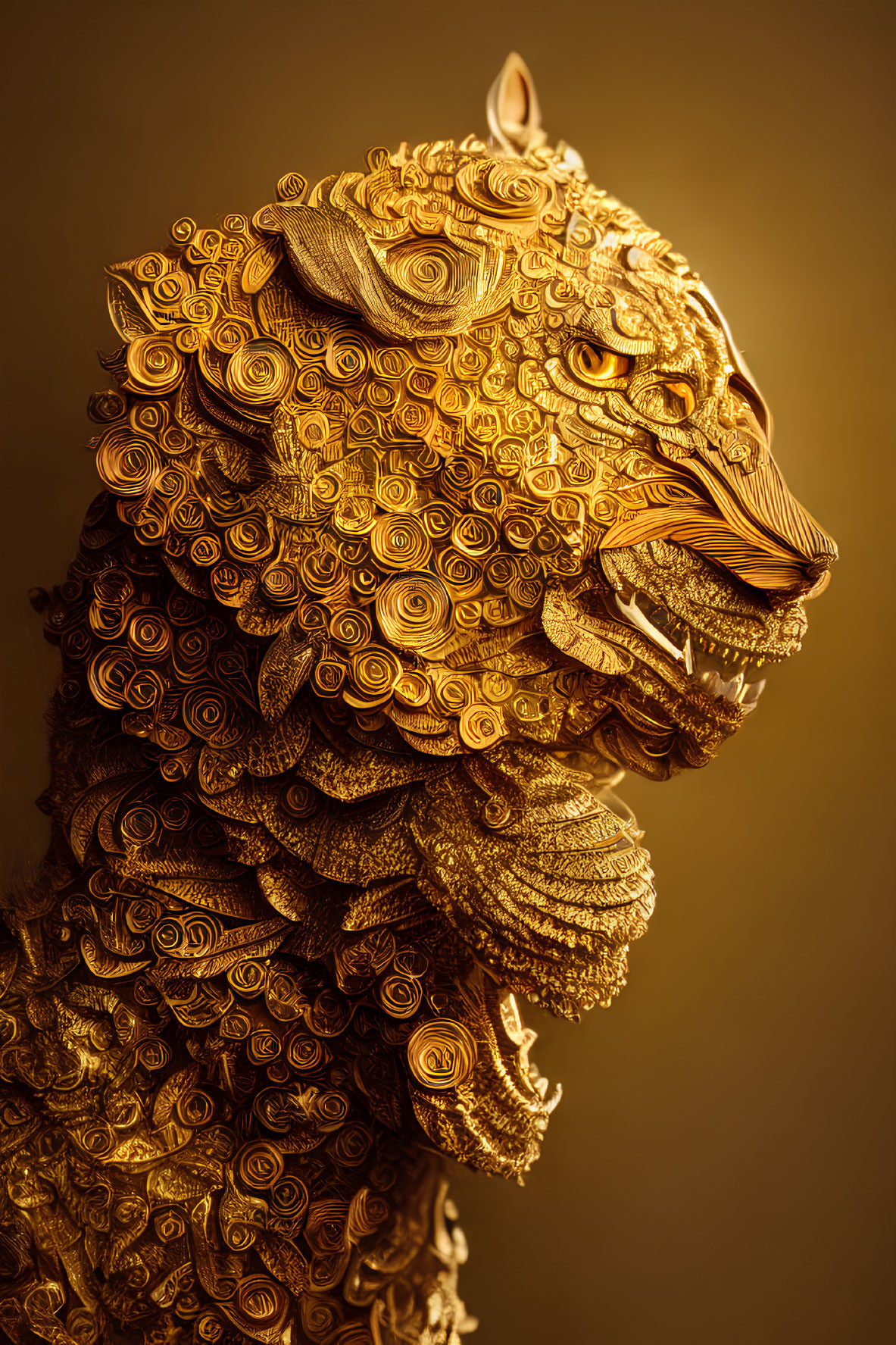 Intricate Golden Lion Head Sculpture with Swirls and Floral Patterns