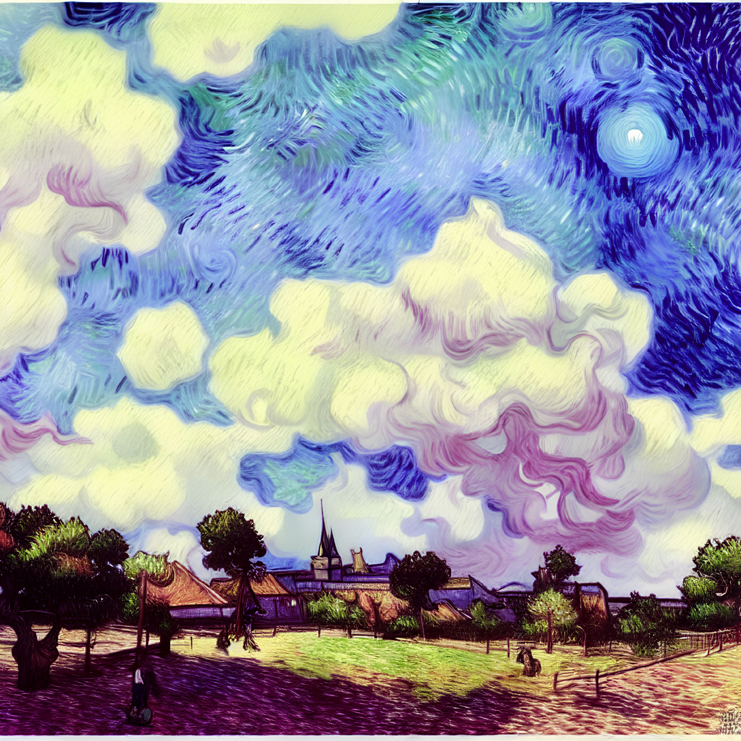 Impressionist-style painting of swirling sky and landscape