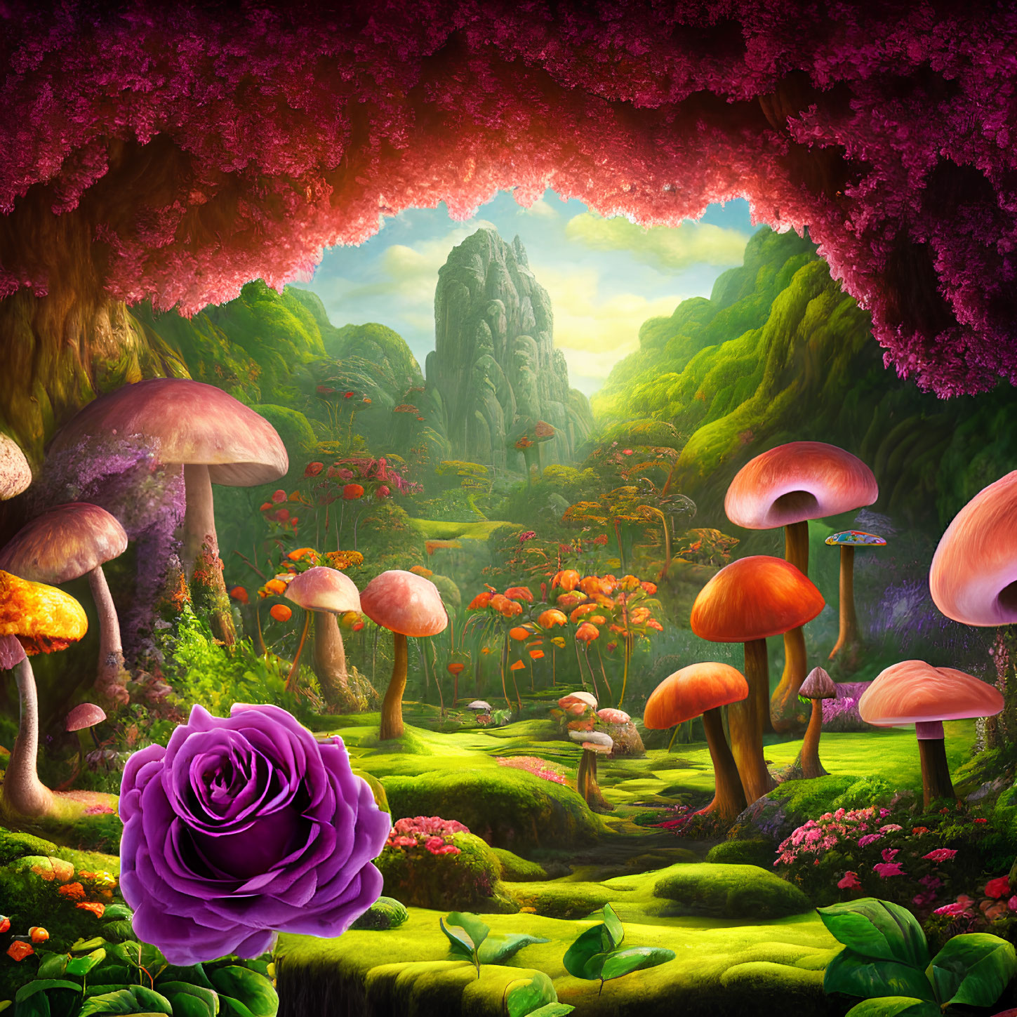 Colorful Fantasy Landscape with Oversized Mushrooms, Purple Rose, Greenery, and Mystical Mountain