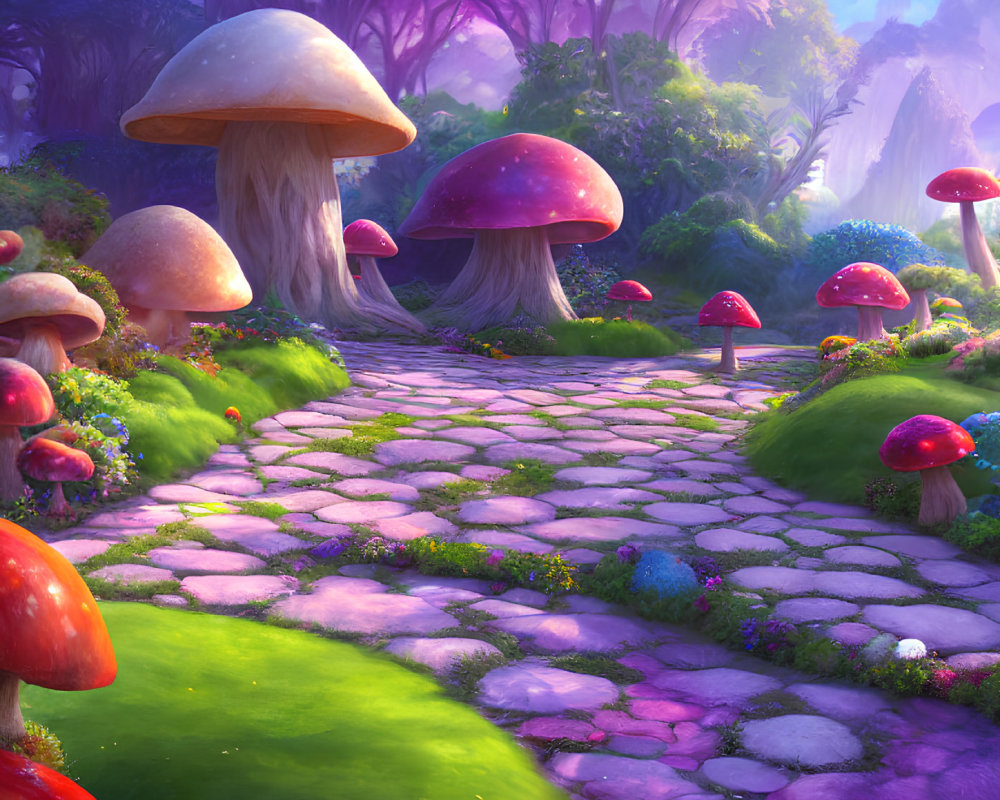 Colorful Mushrooms and Purple Foliage in Vibrant Fantasy Landscape