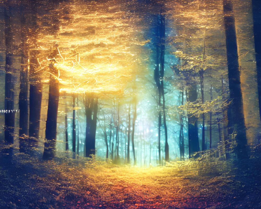 Vibrant Blue and Golden Mystical Forest with Ethereal Path