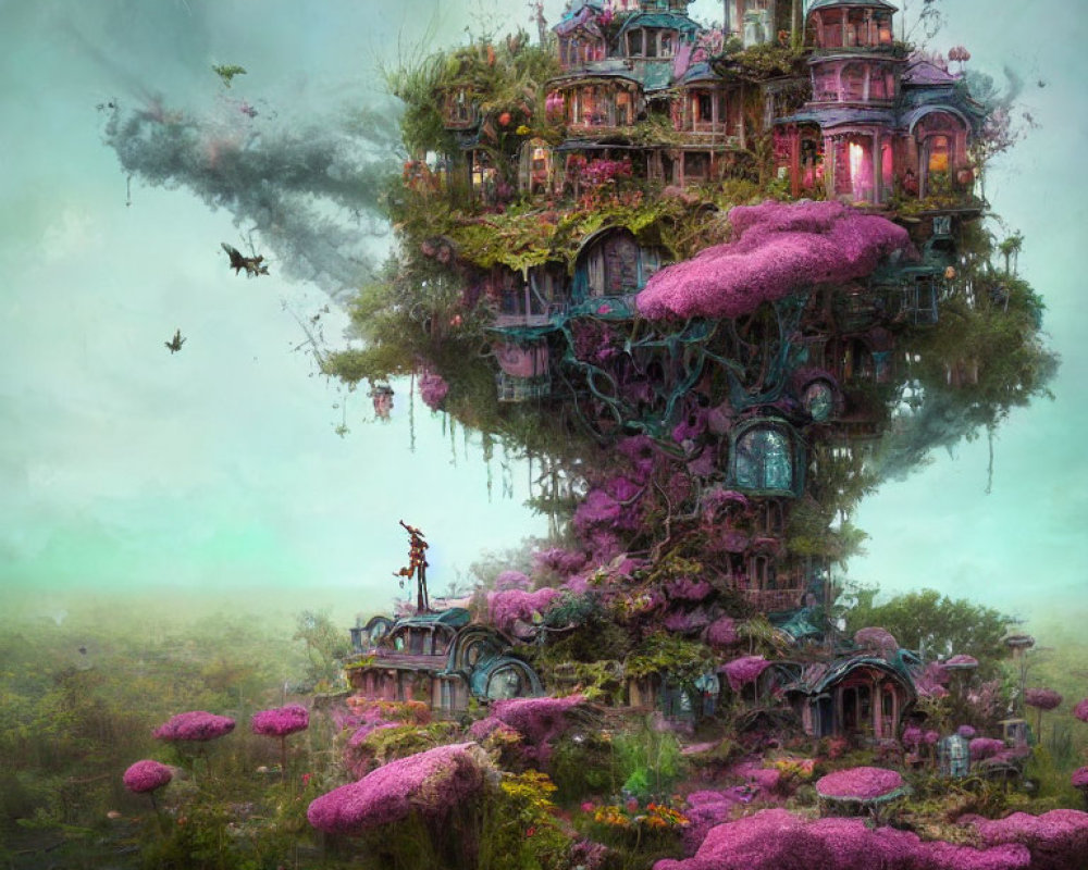 Fantastical floating island with purple mansion and solitary figure