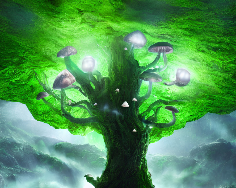 Fantastical tree with glowing mushrooms in misty forest.