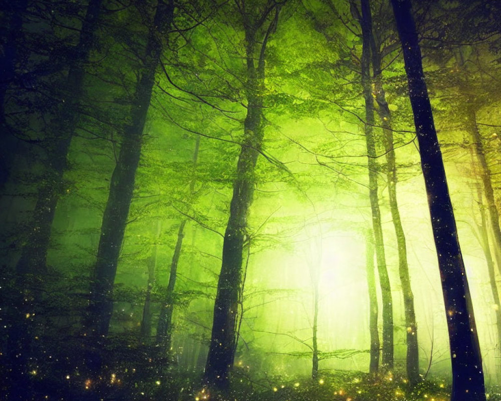 Enchanting green forest with tall trees in foggy ambiance