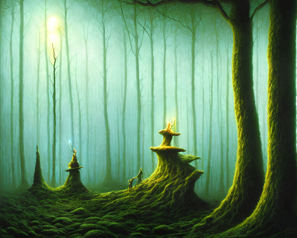 Enchanting Green Forest with Glowing Lights and Mystical Mushrooms