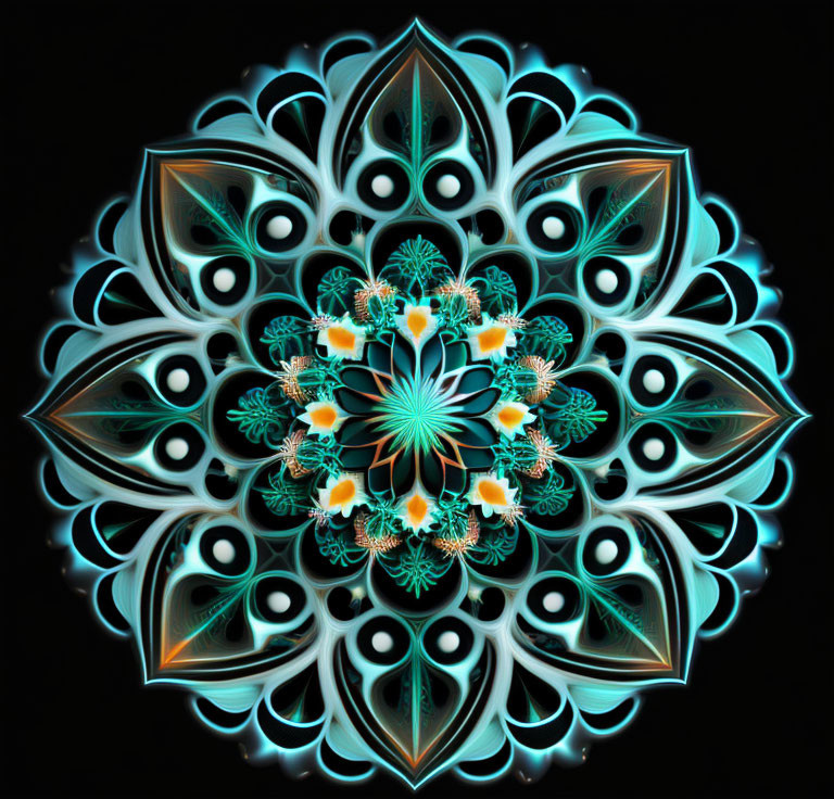 Symmetrical blue and green fractal pattern on black background