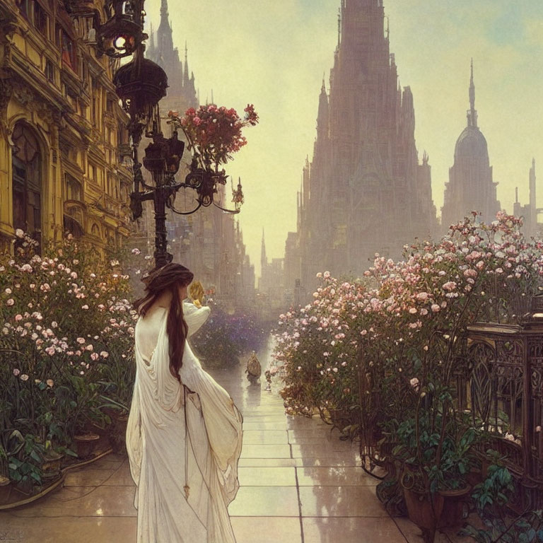 Woman in flowing dress on ornate street with gothic buildings