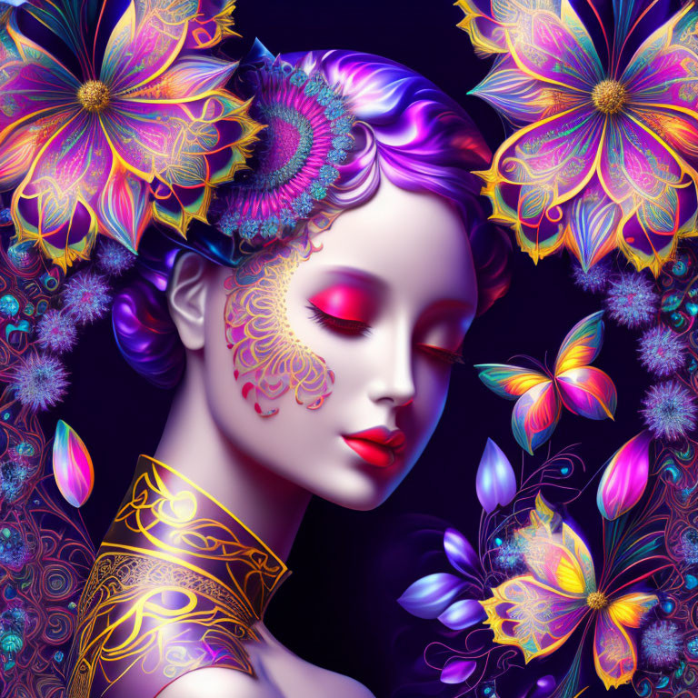 Colorful digital artwork: Woman with purple hair, intricate adornments, surrounded by flowers and butterfly