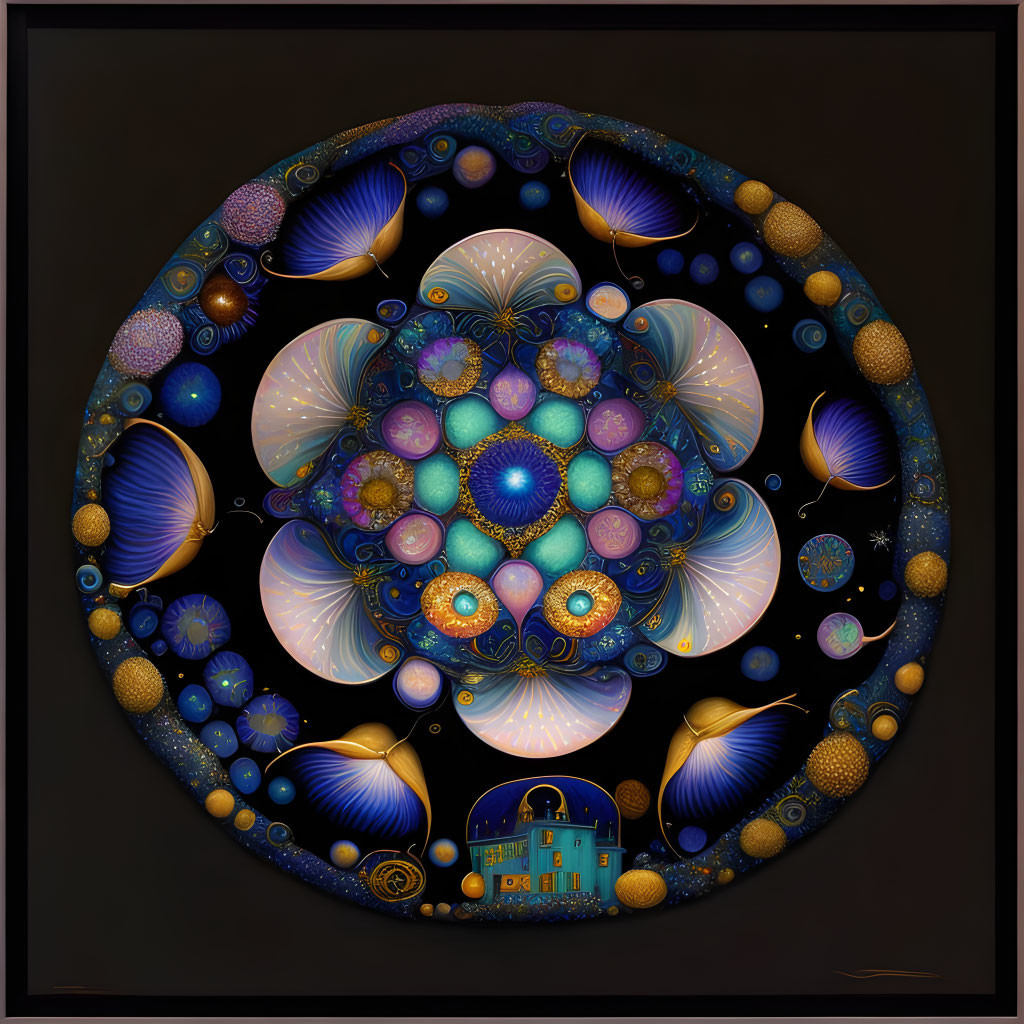 Circular Fractal Design with Blue, Purple, and Gold Patterns and Small House