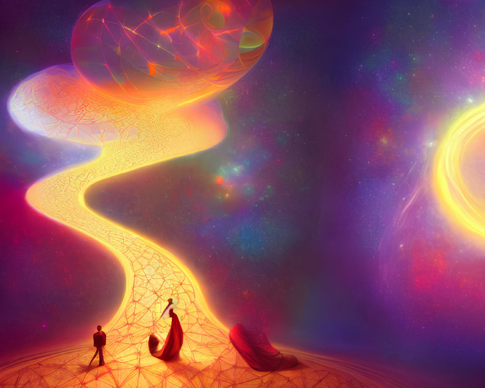 Vibrant cosmic landscape with figures under giant snail structure