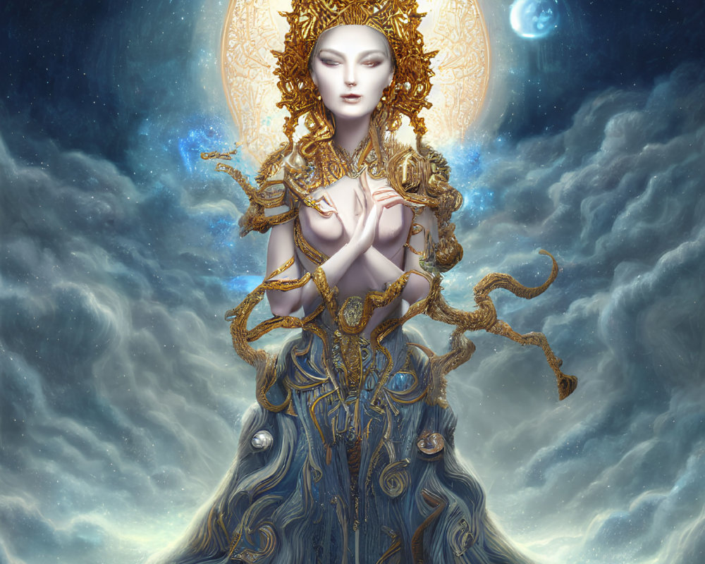Ethereal woman with golden crown in celestial setting