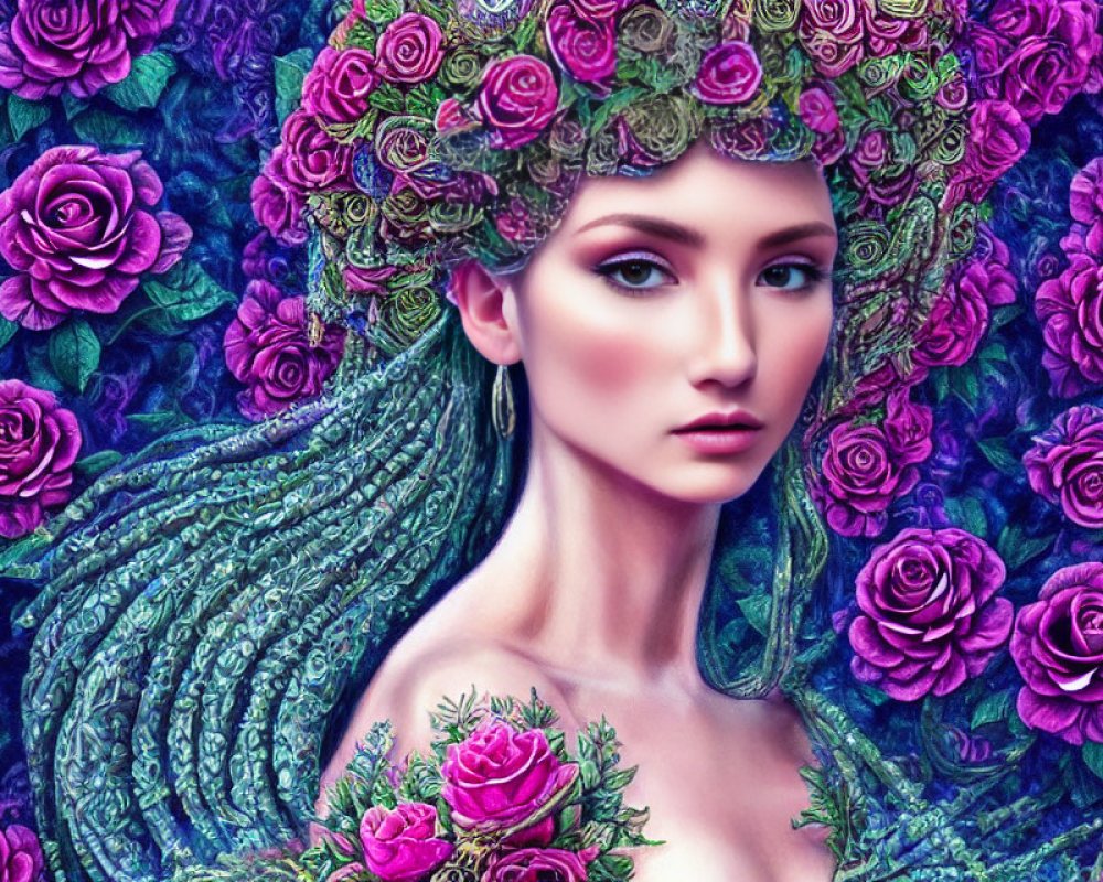 Digital artwork of woman with floral crown and roses in hair