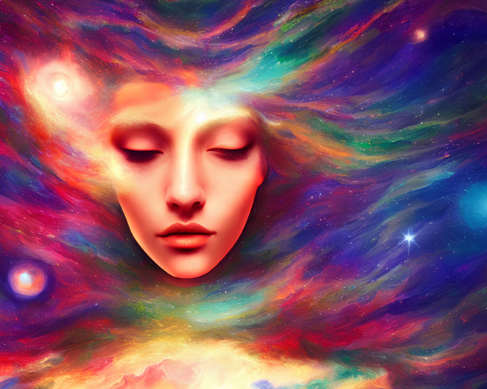 Surreal illustration of woman's face with cosmic background