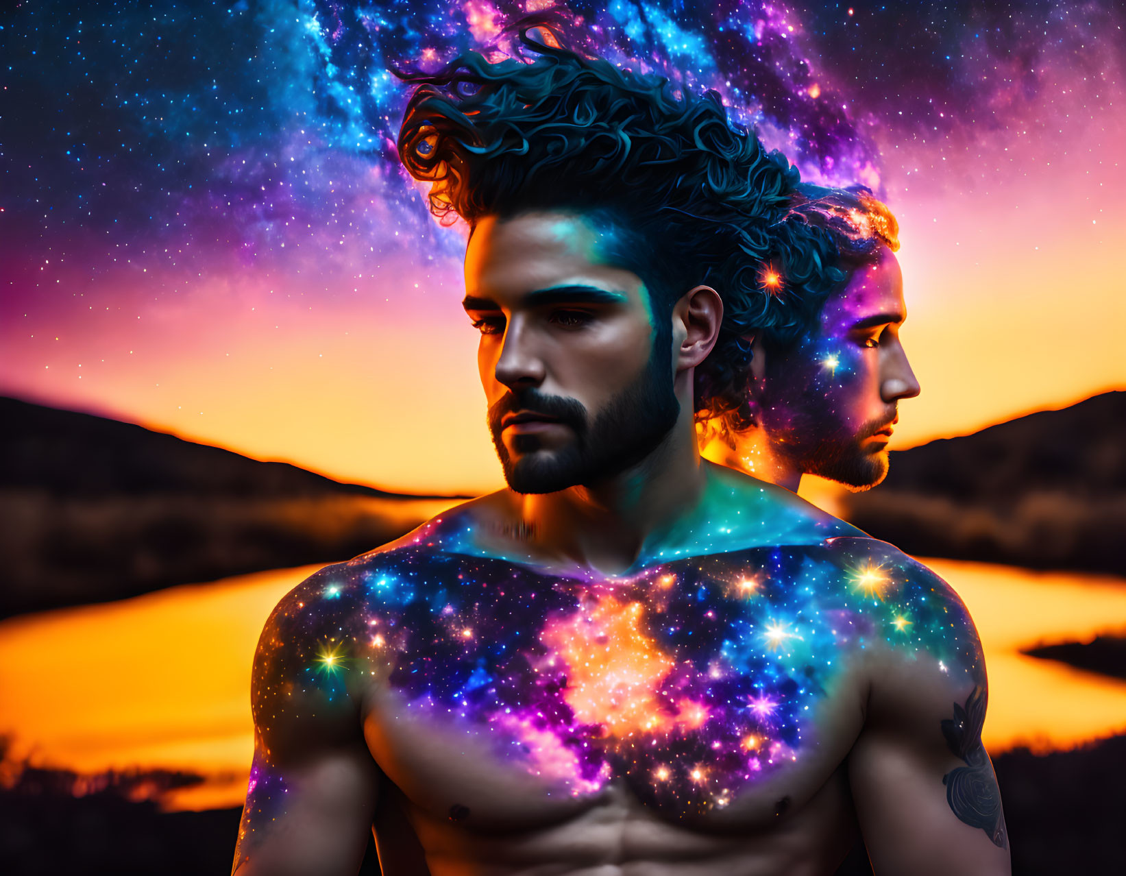 Man merged with cosmic galaxy against sunset, symbolizing unity.