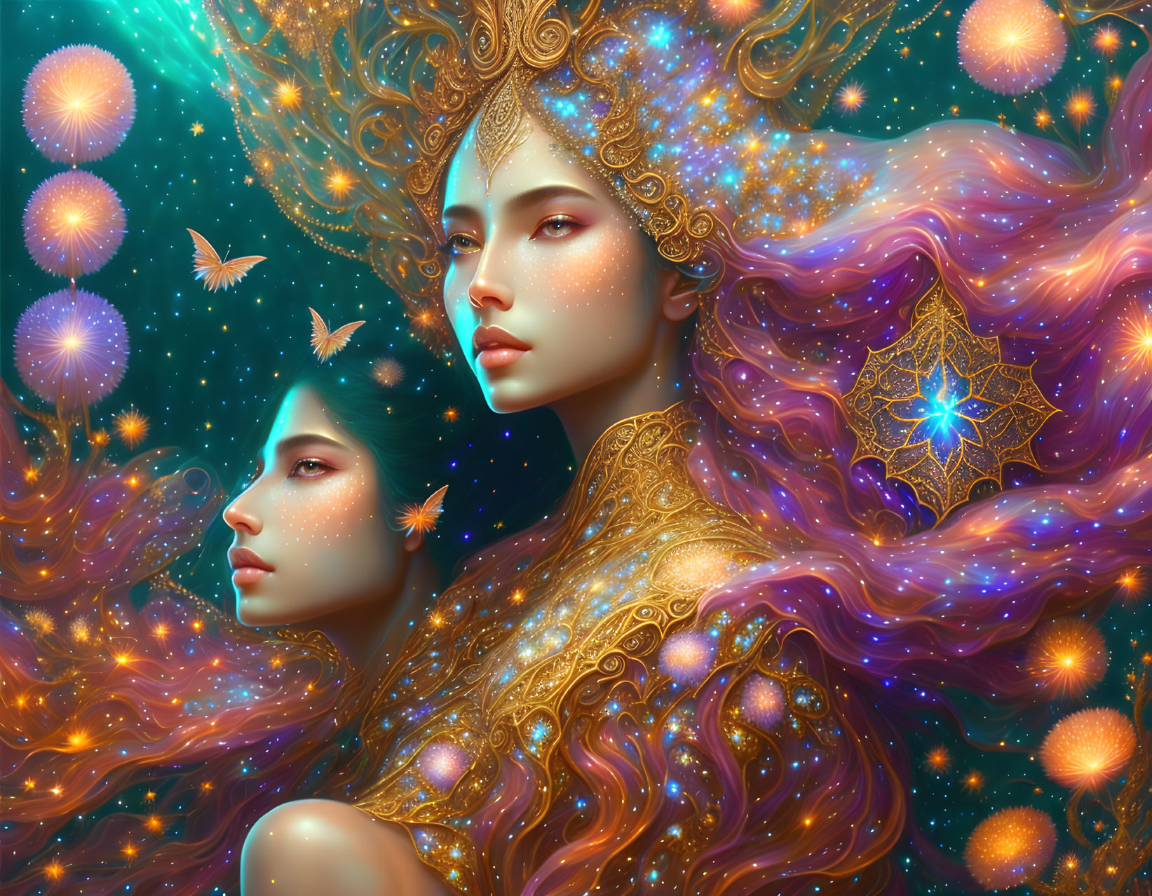 Fantastical image of ethereal beings with star-adorned hair among butterflies and cosmic motifs