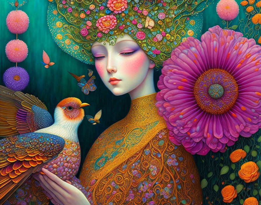 Vibrant illustration of woman with ornate headdress among flowers, bird, and butterflies