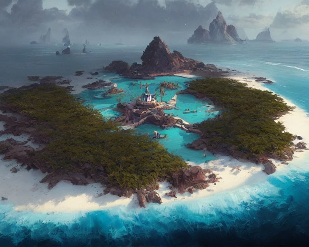 Tranquil island with forests, peaks, and lagoons around a central structure
