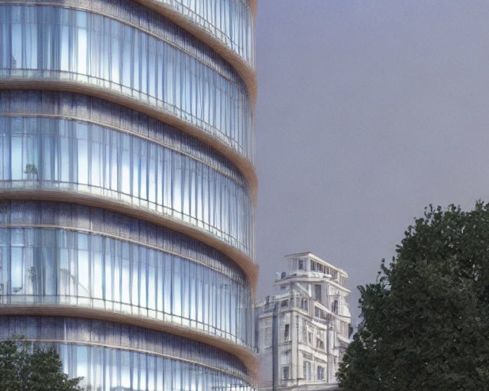 Glass Skyscraper with Curved Facade Next to White Stone Building