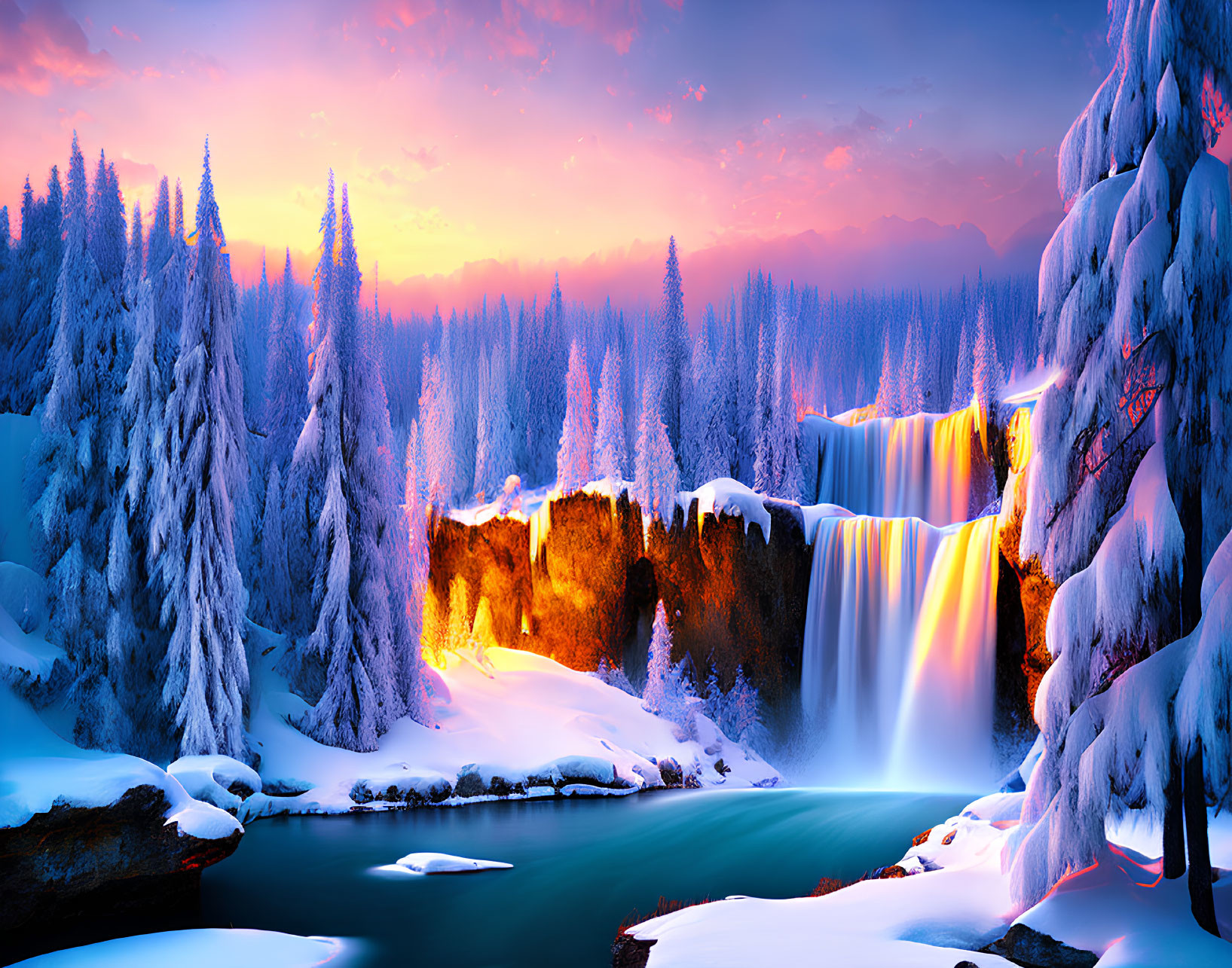 Scenic snowy landscape with sunset, waterfall, river, and pine trees