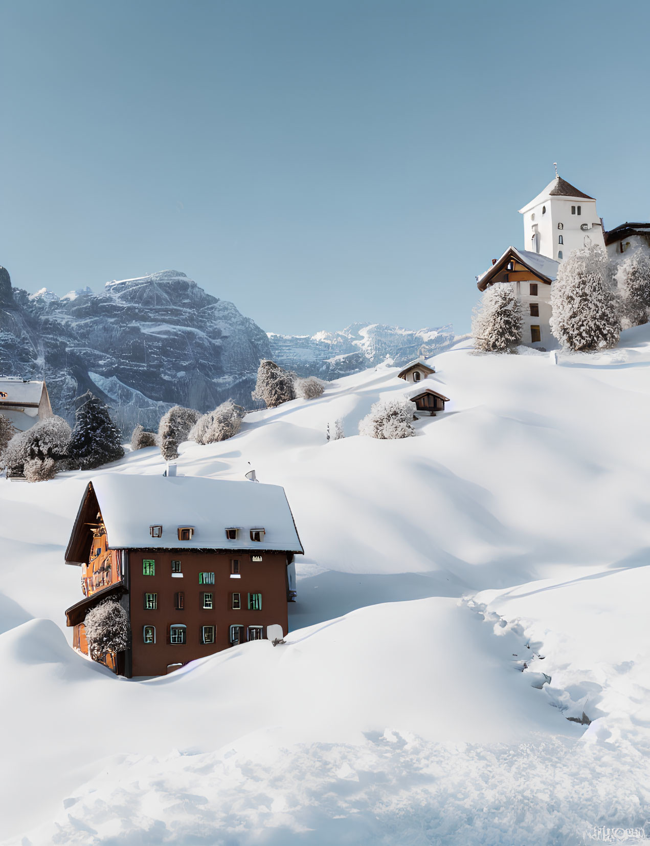 Snow-covered Alpine village with church and mountains under clear blue sky