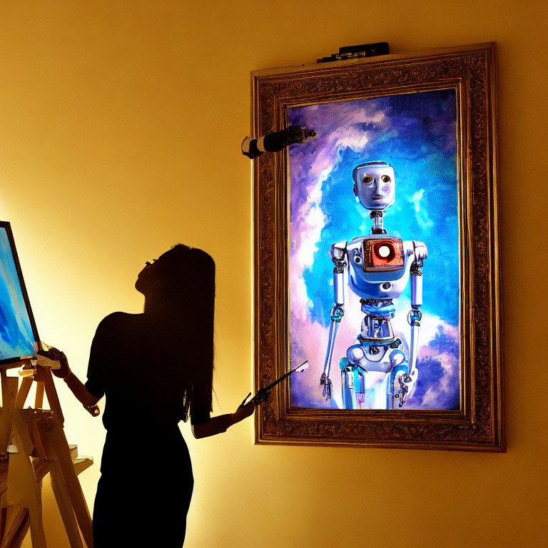 Silhouette of Woman Painting Colorful Robot Portrait in Ornate Frame