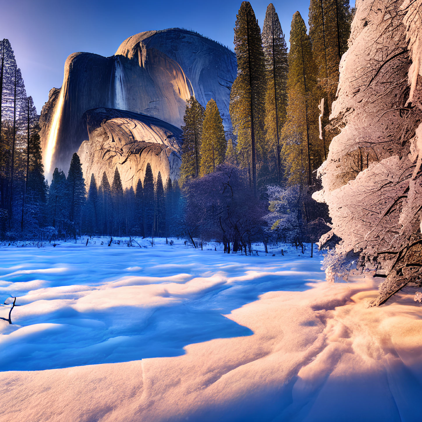 Vibrant sunset colors over snowy Yosemite landscape with Half Dome and frosted trees
