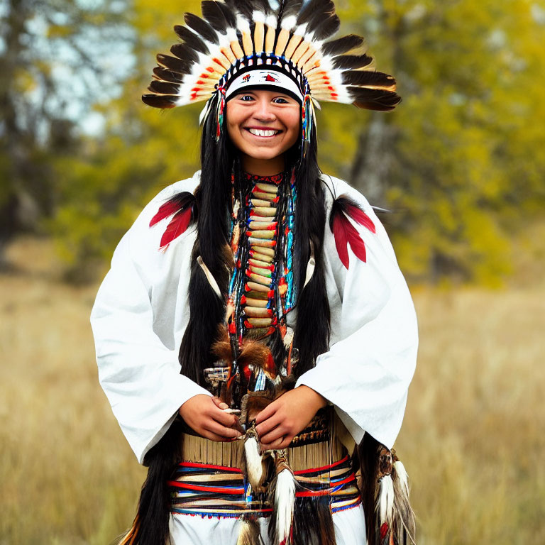Person in Native American headdress smiles in grassy field