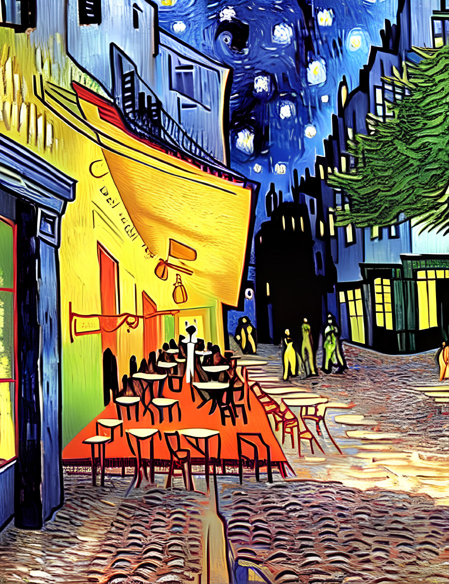 Colorful Van Gogh-style street cafe night scene with starry sky