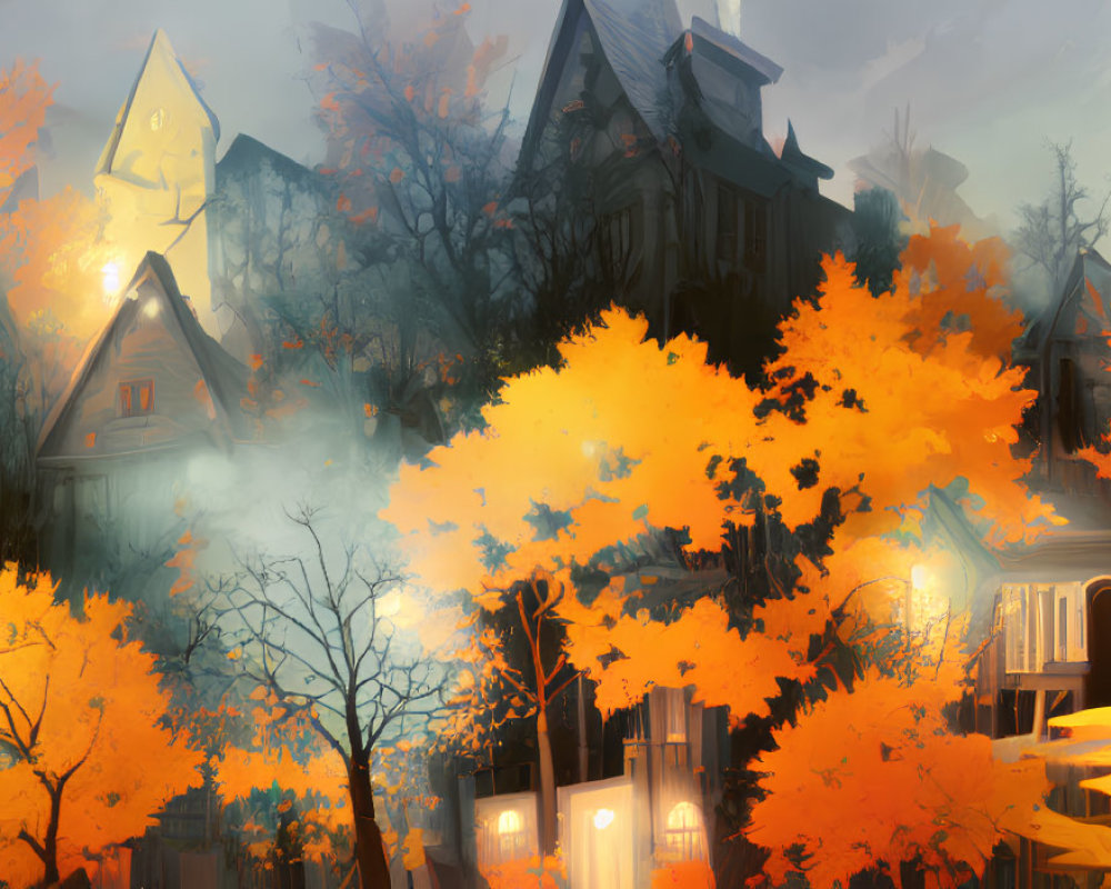 Autumn Village Scene with Orange Foliage and Glowing Street Lamps