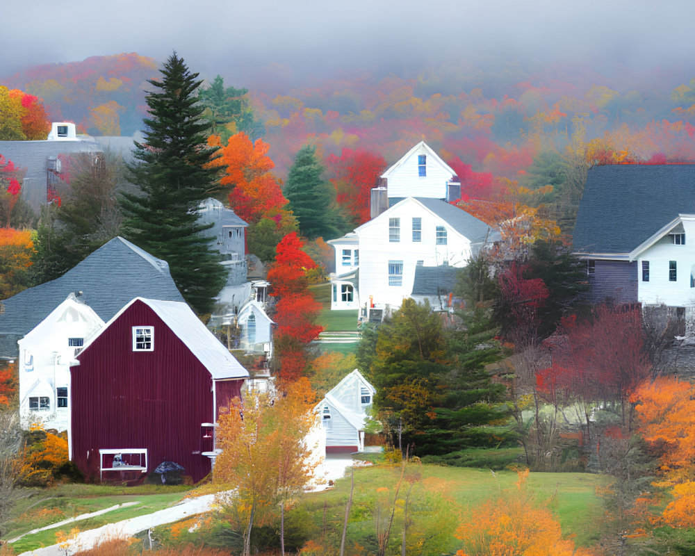 Colorful Autumn Foliage and Rural Town with Red Barn