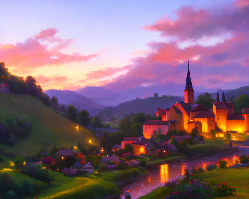 Picturesque village with illuminated buildings at twilight in valley with river and hills under pastel sky