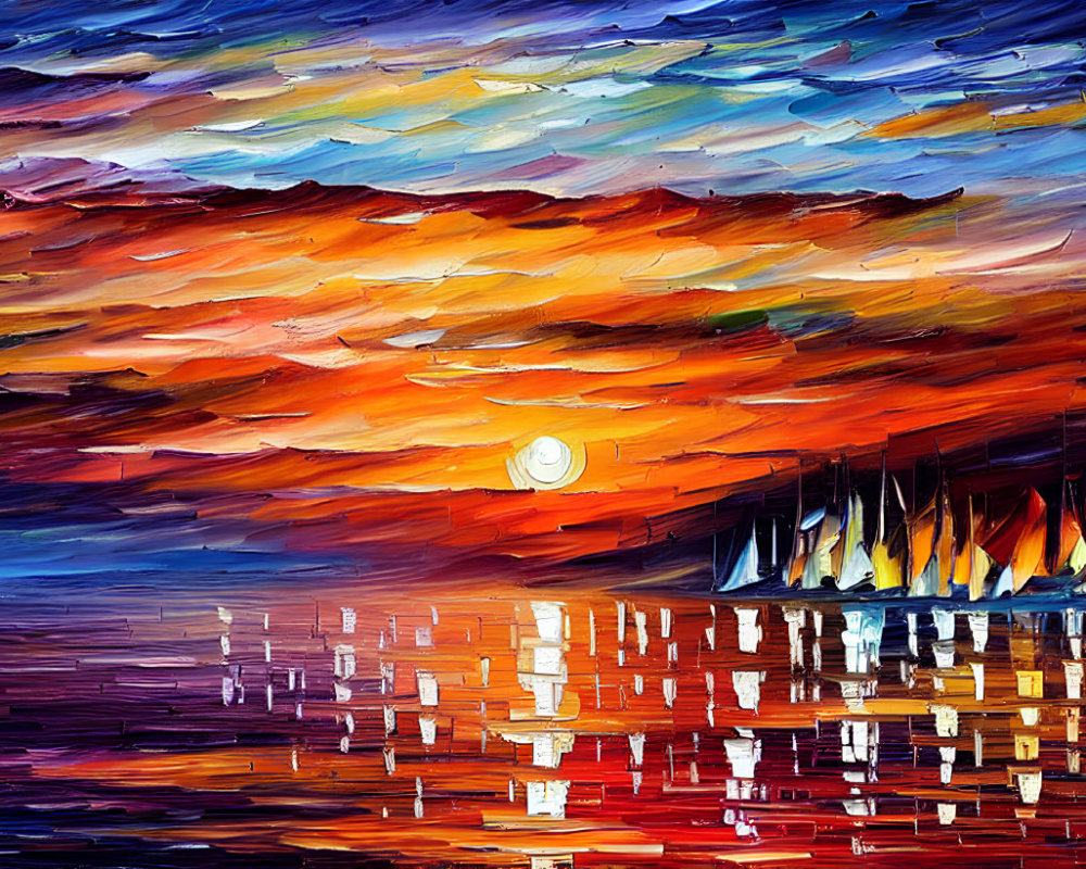 Colorful sunset oil painting with sailboat silhouettes reflecting on water