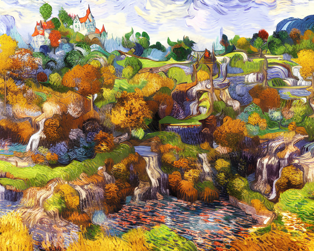 Colorful Painting of Whimsical Landscape with River, Waterfalls, and Castle