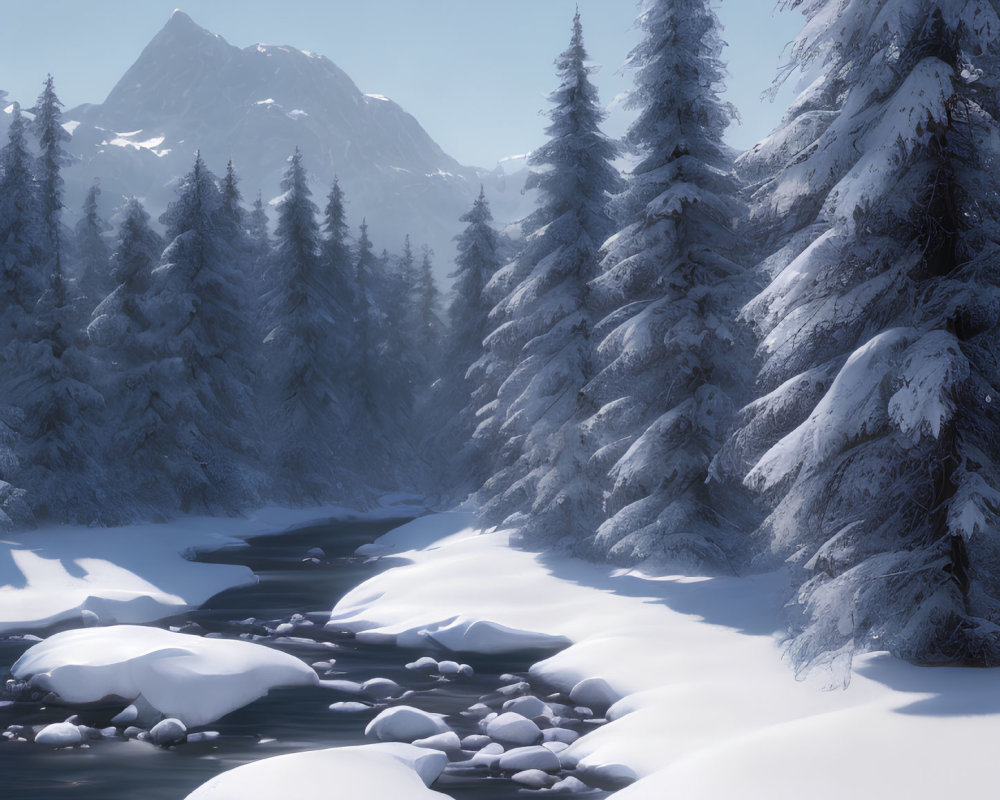 Snow-covered pines, stream, rocks, and mountain in serene winter landscape