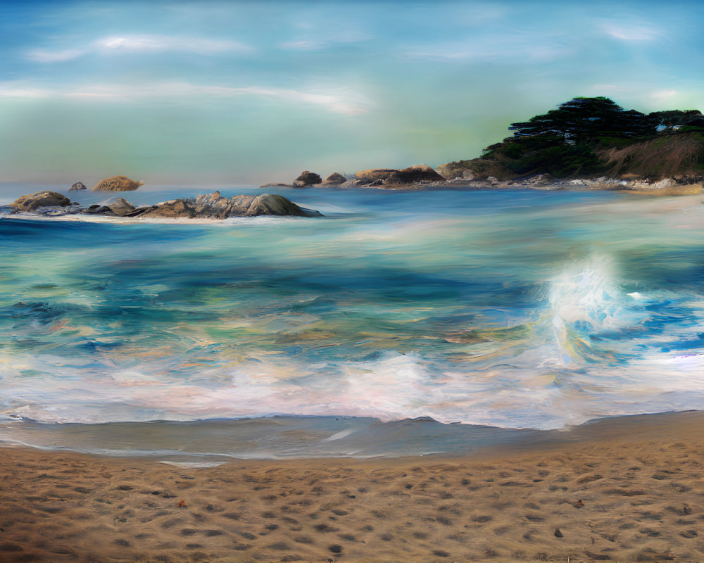 Vivid beach painting with turbulent waves, dramatic sky, rocks, and trees