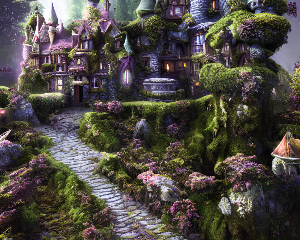 Moss-Covered Fantasy Castle in Lush Forest Setting