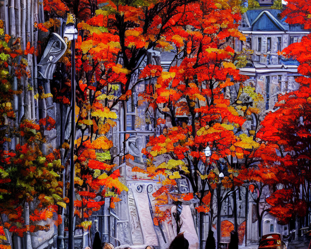 Autumn Scene: Vibrant Leaves, Cobblestone Street, Pedestrians