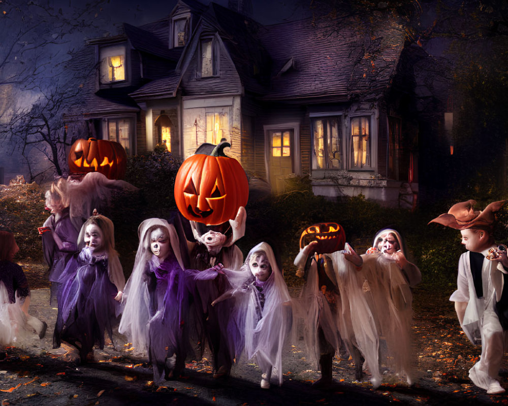 Kids in Halloween costumes trick-or-treating near spooky house with jack-o'-lanterns