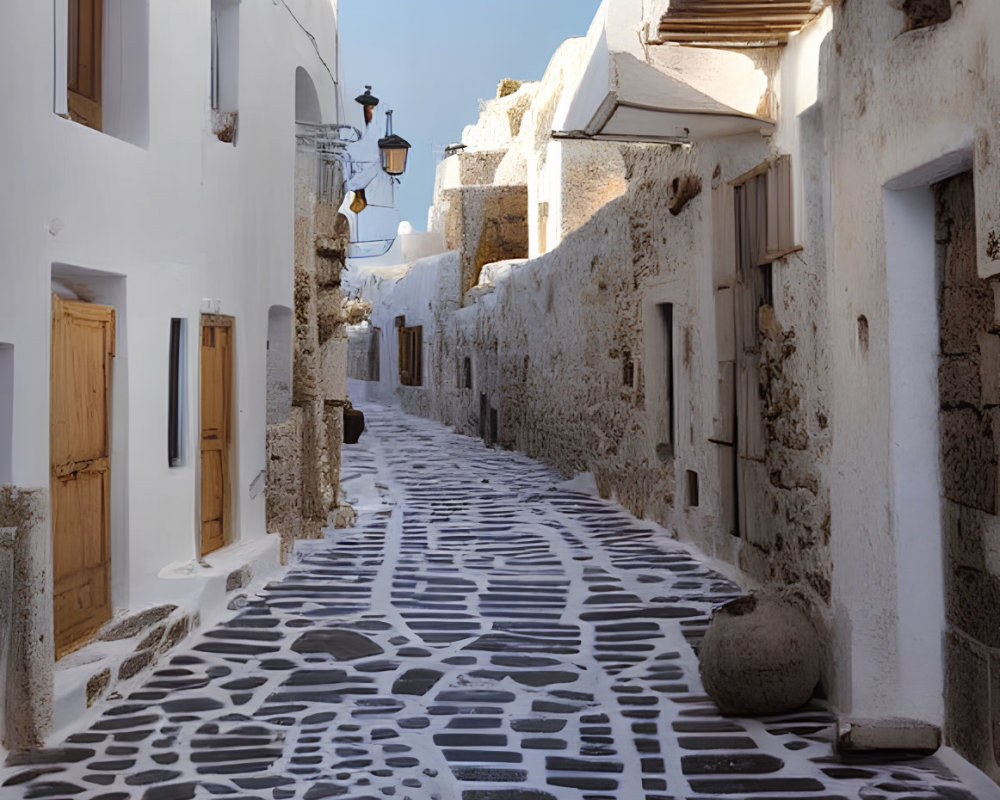 Traditional white-washed village alley with pebbled pattern under clear blue sky