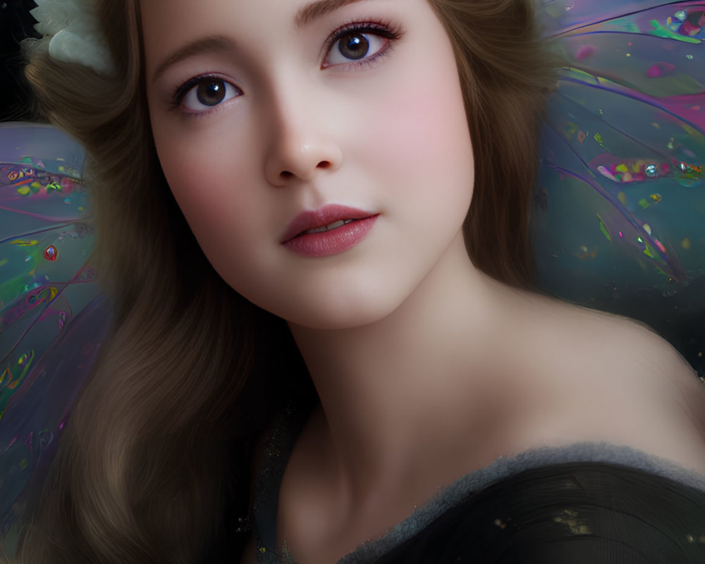 Young woman with fairy features and translucent wings in digital portrait