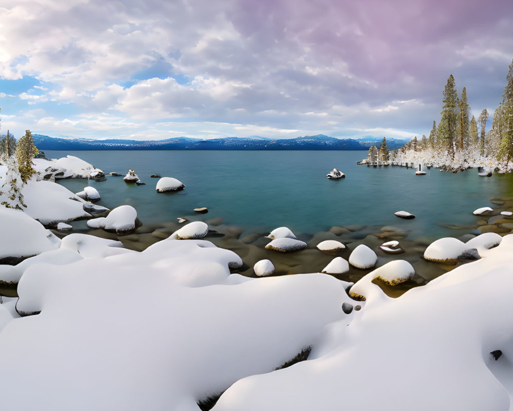 Tranquil Winter Lake Scene with Snow-Covered Shores