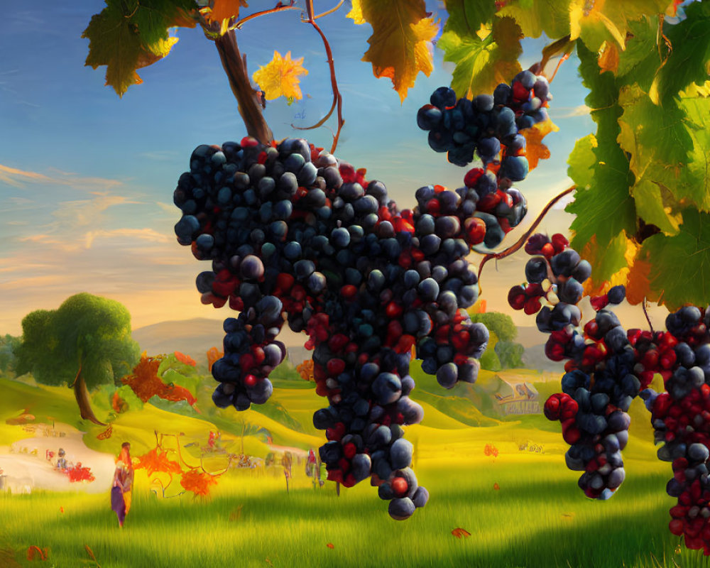 Colorful landscape with grape clusters, castle, and whimsical characters in a sunny pastoral scene.