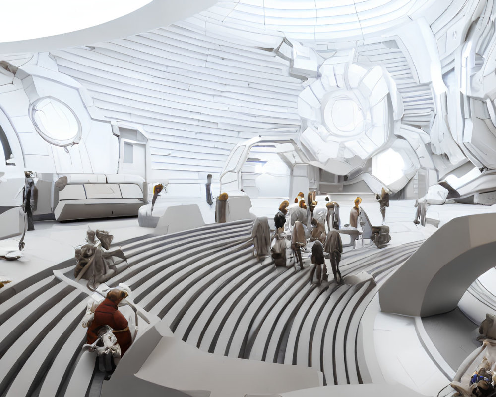 Futuristic interior with diverse people in stylish outfits and sleek white architecture